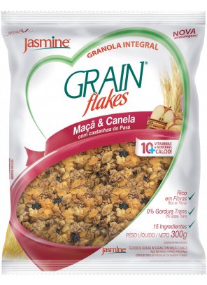 GRANOLA_maca e canela.png - Grain Flakes Maçã & CanelaAdicionado de 10 vitaminas, minerais e cálcioRico em fibrasAlto teor de proteínasIngredientes: Flocos de aveia, flocos de milho, melado de cana, óleo de milho, germe e fibra de trigo, açúcar mascavo, extrato de malte, maçã desidratada, uva passa, castanha do Pará, gergelim, canela em pó, mix de vitaminas e minerais (cálcio, vitaminas C, B3, E, zinco, vitaminas B2, B6, B1, B5, A e D) e aromas. CONTÉM GLÚTENDisponível na versão: 300g. 